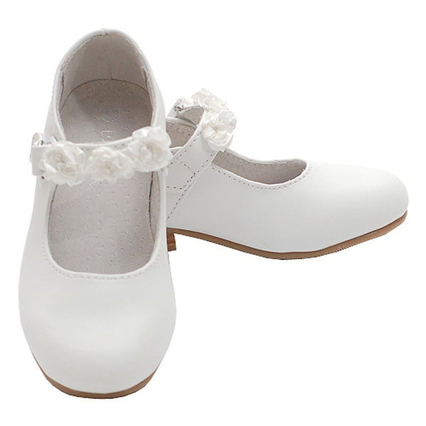 White Mary Jane Flower Accent Flat Dress Shoes Toddler Little Girl 7-4 - SophiasStyle.com